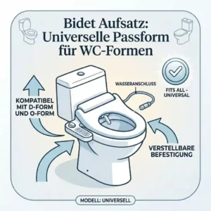An illustration showing a bidet aufsatz kompatibel mit verschiedenen wc modellen on D-shape and O-shape toilet forms.