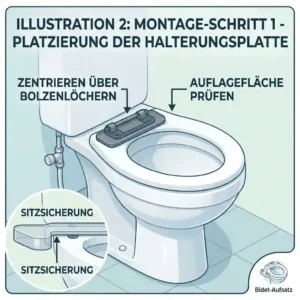 Step-by-step installation of the mounting plate for a bidet attachment on the round toilet