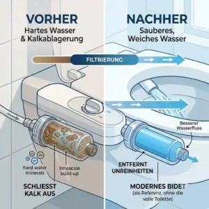 Before and after water quality comparison chart featuring the bidet aufsatz kalkfilter.