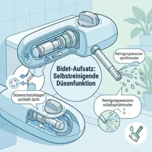 Detailansicht der Düsenfunktion: Ein hygienischer Bidet Aufsatz leicht zu reinigen.