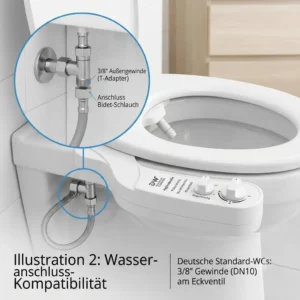 Illustration des T-Stück Adapters für den 3/8 Zoll Wasseranschluss – Bidet Toilettenaufsatz kompatibel mit deutschen Toiletten.