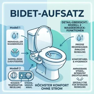 Infografik zur Funktionsweise eines stromlosen Bidet-Toilettenaufsatzes rein durch Wasserdruck.
