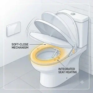 An illustration highlighting the user comfort features, including a soft-close mechanism and integrated seat heating, of the bidet toilettenaufsatz lufttrockner.