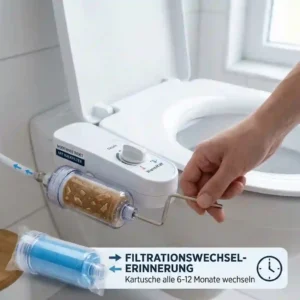 Simple step by step installation guide illustration for the bidet aufsatz kalkfilter on a toilet bowl.