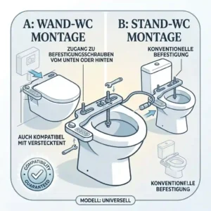 A diagram comparing the installation of a bidet aufsatz kompatibel mit verschiedenen wc modellen on wall-hung versus floor-mounted toilets.