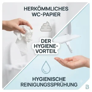 Hygiene comparison showing the advantages of using a bidet toilettenaufsatz reinigungssprühung intensiv over traditional toilet paper.