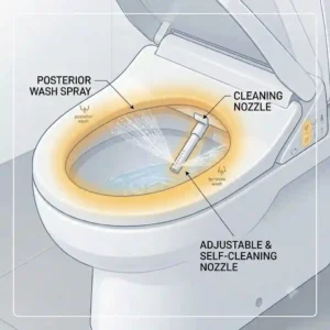 A precise detail view of the adjustable cleansing nozzle extended from a bidet toilettenaufsatz lufttrockner.