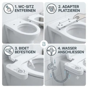 Step-by-step installation guide diagram for a standard bathroom setup with a bidet toilettenaufsatz reinigungssprühung intensiv.