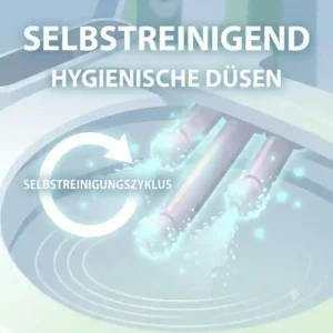 Infographic illustrating the automatic self-cleaning cycle of the hautfreundliche düsen on a modern bidet aufsatz