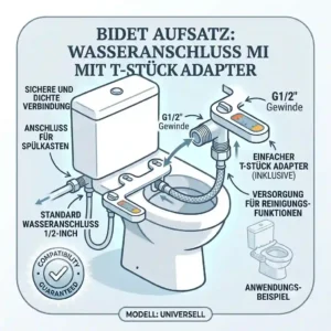 A technical illustration of the water connection and T-piece adapter for a bidet aufsatz kompatibel mit verschiedenen wc modellen.