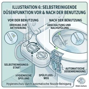 Graphical representation of the self-cleaning nozzle function of the toilet bidet attachment