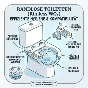 An illustration showing a bidet aufsatz kompatibel mit verschiedenen wc modellen on a rimless toilet.