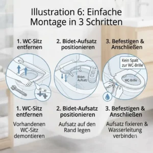 Einfache Schritt-für-Schritt Montageanleitung für einen Bidet Toilettenaufsatz auf einem Standard WC.