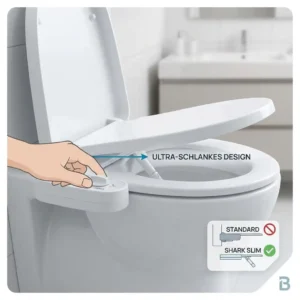 Side view infographic highlighting the ultra-slim profile and perfect fit of the bidet toilettenaufsatz reinigungssprühung intensiv.