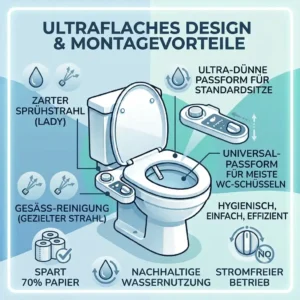 Ein besonders flacher Bidet-Toilettenaufsatz stromlos montiert unter einem Standard-Toilettensitz.