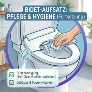 An infographic checklist summarizing the main steps of bidet aufsatz selbstreinigung und pflegehinweise.