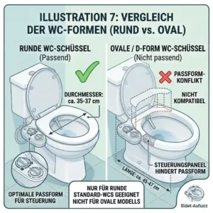 Comparison between round and oval toilet bowls to determine the fit of the bidet attachment