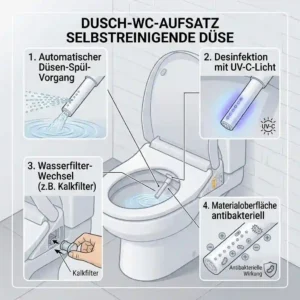 An infographic detail illustrating the advanced hygiene and self-cleaning features built into the bidet toilettenaufsatz lufttrockner.