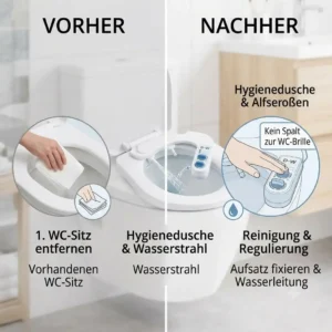 Vergleich einer normalen Toilette vor und nach der Installation eines kompatiblen Bidet Toilettenaufsatzes.